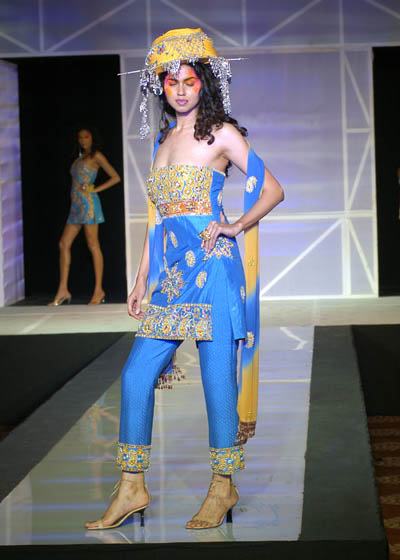 Blue silk kameez with mirror work and silk pants